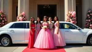 Quinceañera girl in a pink gown with her friends outside a white limousine on a red carpet.