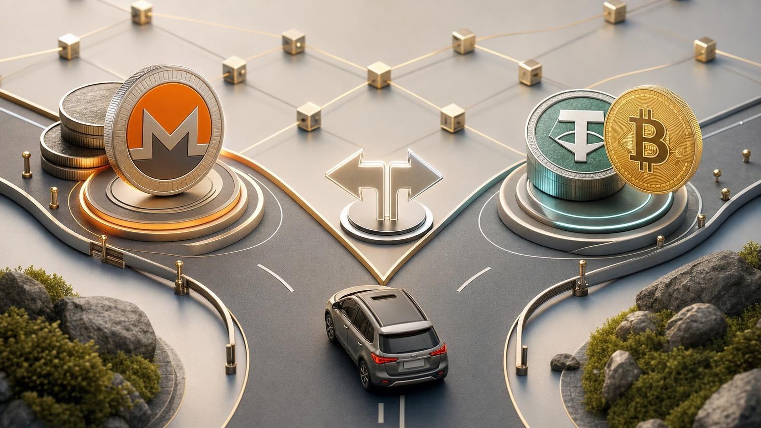 Diagram comparing an XMR-to-BTC exchange route with an XMR-to-USDT route by output purpose, network, costs, and risks